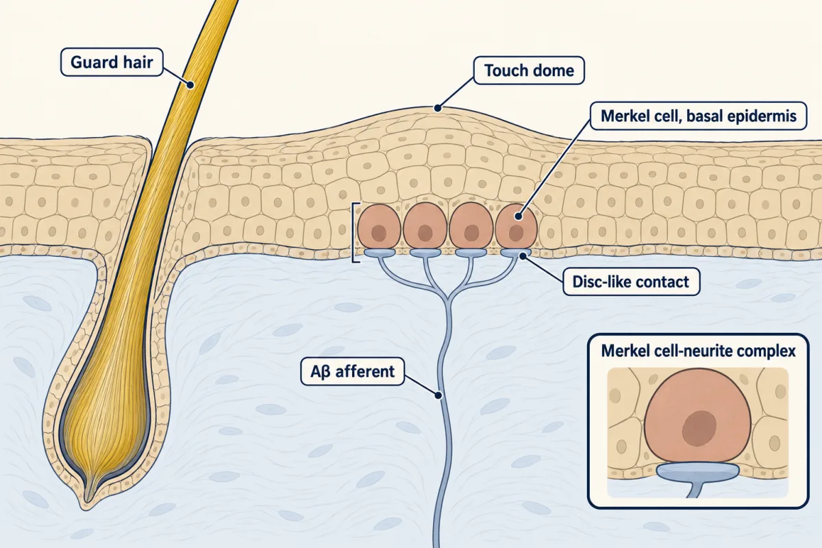 AI-generated illustration: a skin cross-section with a guard hair and, beside it, a raised touch dome of the epidermis holding a cluster of round Merkel cells in its basal layer. One afferent axon rises from below and ends in small disc-like contacts under the cells. An inset shows a single cell with its disc.