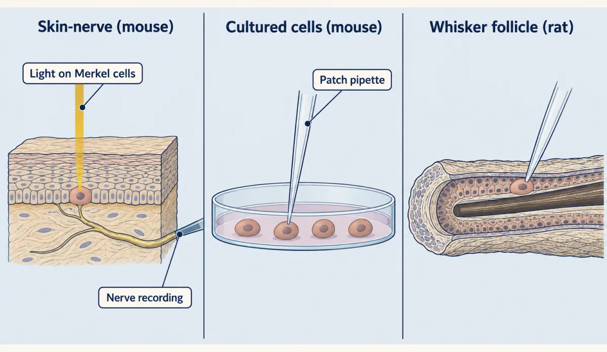 AI-generated illustration: three side-by-side experimental setups. A mouse skin piece with a nerve electrode and light on a Merkel cell; cultured Merkel cells in a dish with a patch pipette; and an excised rat whisker follicle with a patch pipette on a Merkel cell.