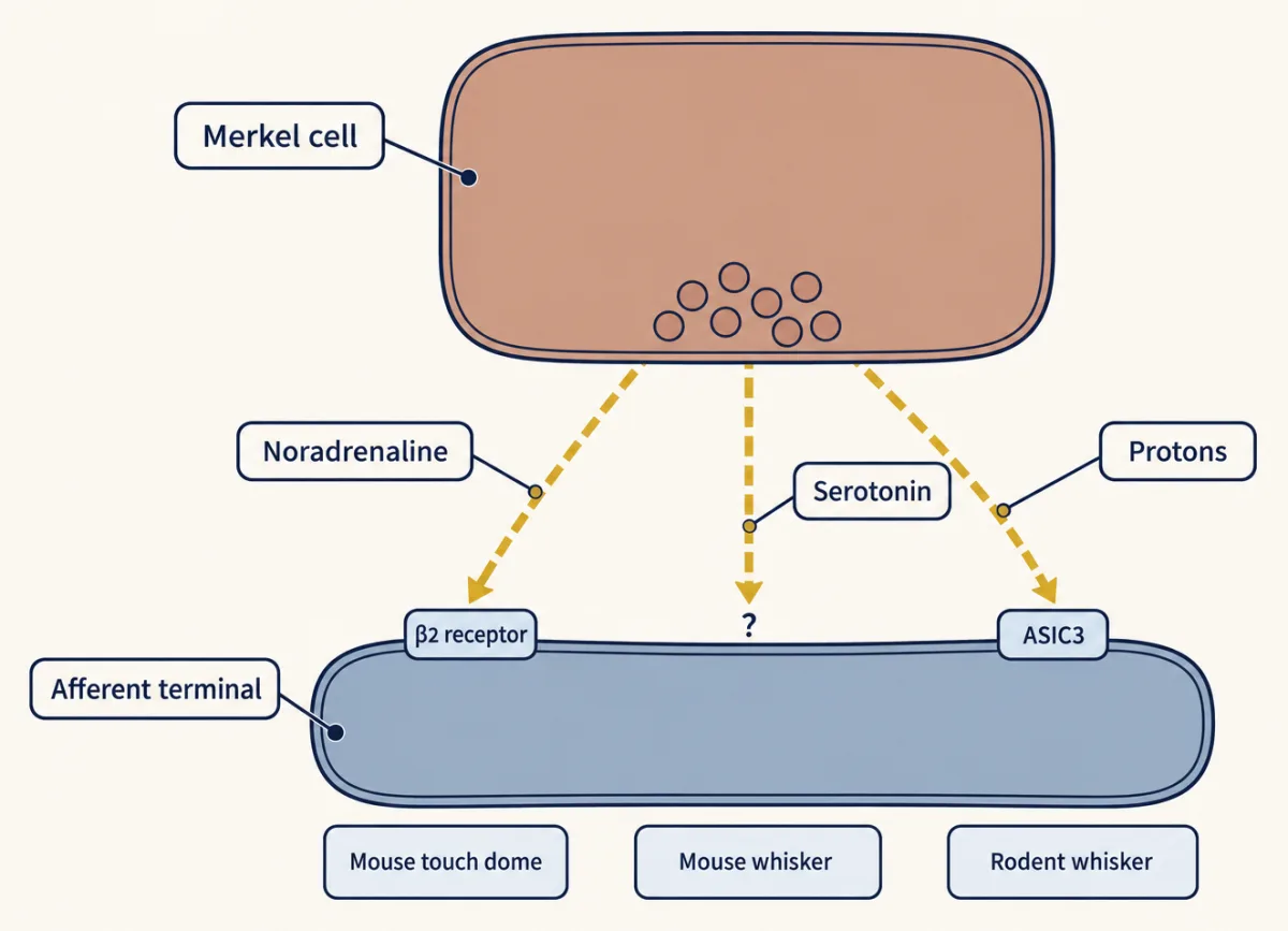 AI-generated illustration: a Merkel cell above an afferent terminal with three dashed arrows between them, labelled noradrenaline, serotonin and protons, each ending at a receptor block on the terminal and tagged with the preparation it comes from.