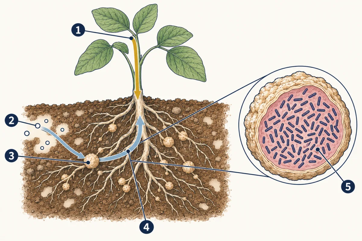 AI-generated illustration: a soybean plant with its roots in soil, small round nodules on the roots, air spaces in the soil holding nitrogen gas, an arrow from the soil air into a nodule and from the nodule into the root, a gold arrow running down the stem from the leaves, and a magnified cut nodule, pink inside and packed with tiny rod-shaped bacteria. Five numbered circles mark parts for the student to name.