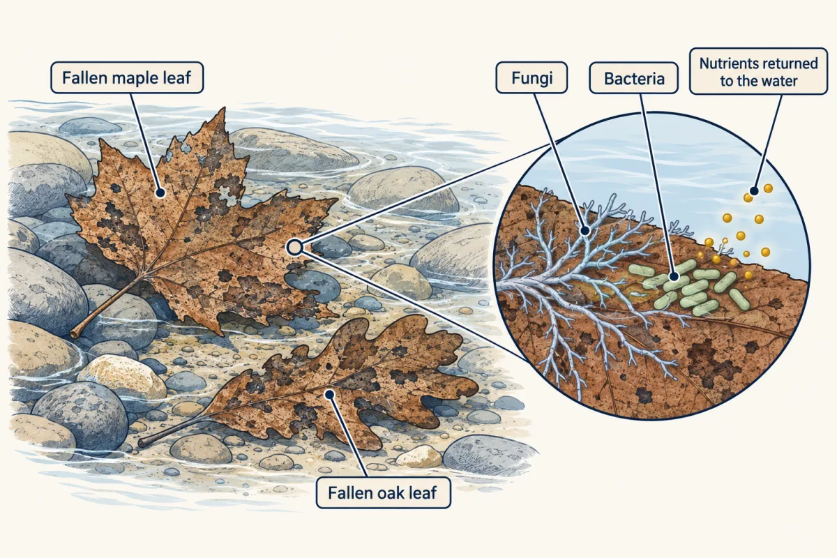 AI-generated illustration: fallen maple and oak leaves on a stream bed, with a magnified view of a leaf surface showing branching fungal threads and clusters of bacteria, and small dots of nutrients leaving the leaf into the water.
