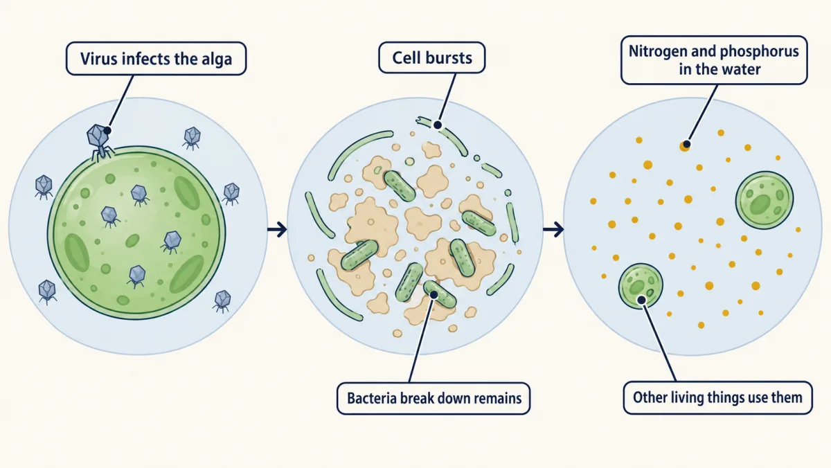 AI-generated illustration: three frames in water: a round alga cell with tiny virus particles on it, the cell burst open with bacteria on its spilled remains, and the water afterwards dotted with released nutrients near new small green cells.