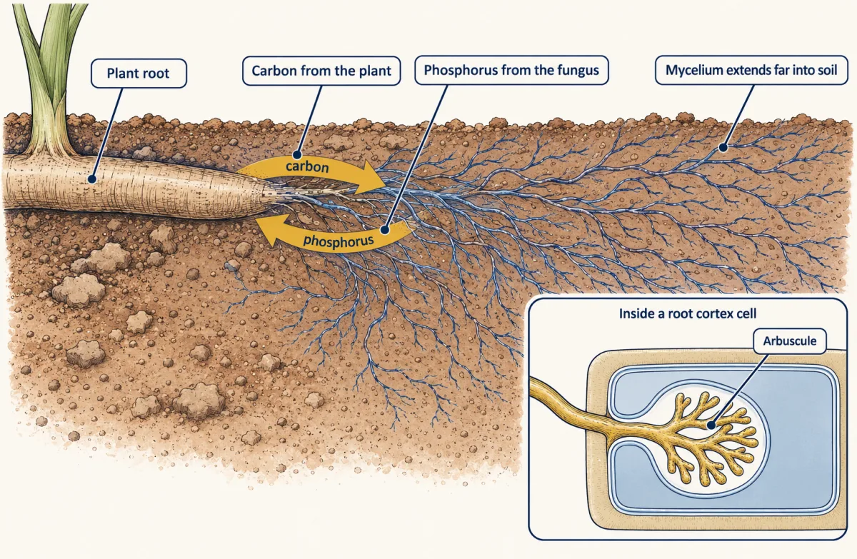 AI-generated illustration: a plant root in soil with a branching mass of fungal threads spreading far out, and two arrows labelled carbon and phosphorus between root and fungus. An inset shows a root cortex cell with a tree-like fungal tuft inside its wall but outside its membrane.