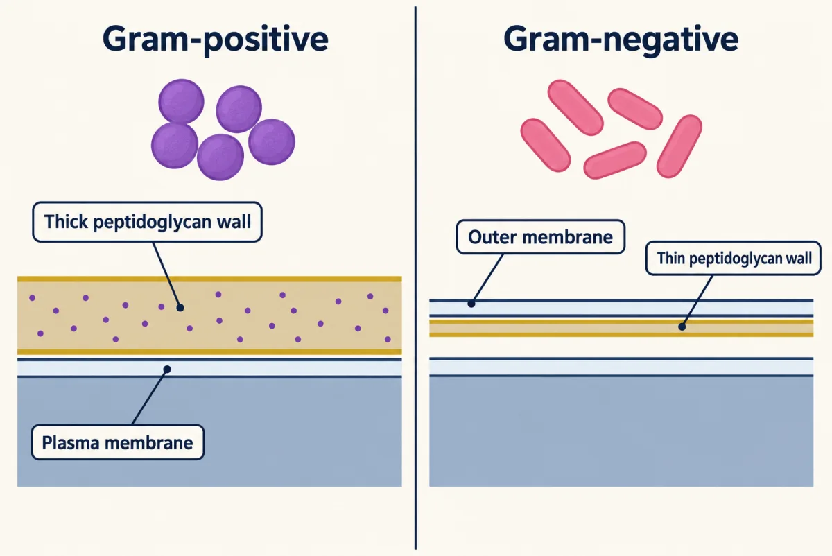 AI-generated illustration: two halves compare bacterial cell envelopes. On the left, purple cells and a zoomed edge with a very thick wall above a membrane. On the right, pink rod cells and a zoomed edge with an outer membrane over a thin wall over a membrane.