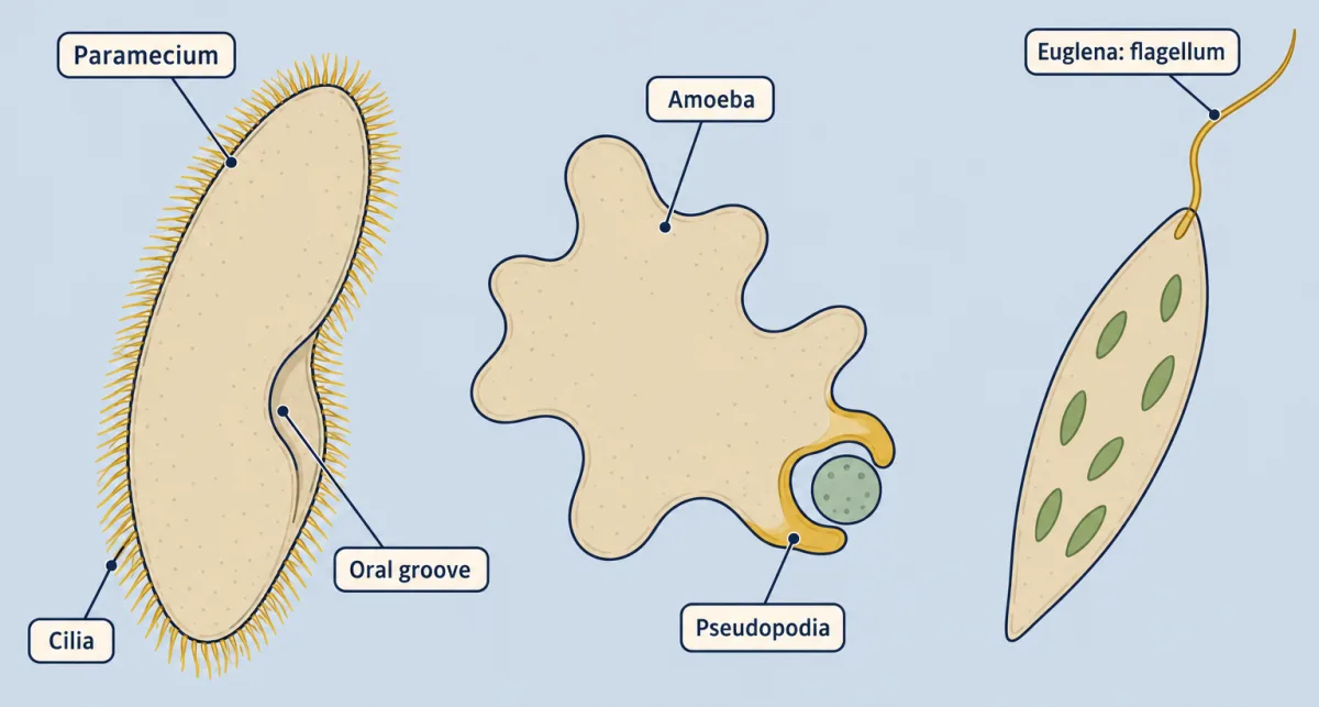 AI-generated illustration: three single-celled protists on a pale blue background. A slipper-shaped Paramecium with a fringe of short cilia and an oral groove, an irregular Amoeba with bulging pseudopodia reaching round a small prey cell, and a spindle-shaped Euglena with one long flagellum.