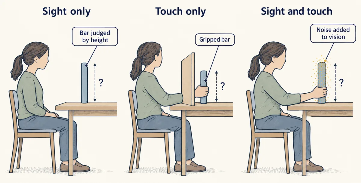 AI-generated illustration: three panels of a person judging the height of an upright bar: by sight only, by touch only, and by both at once, with visual noise speckled over the seen bar in the last panel.