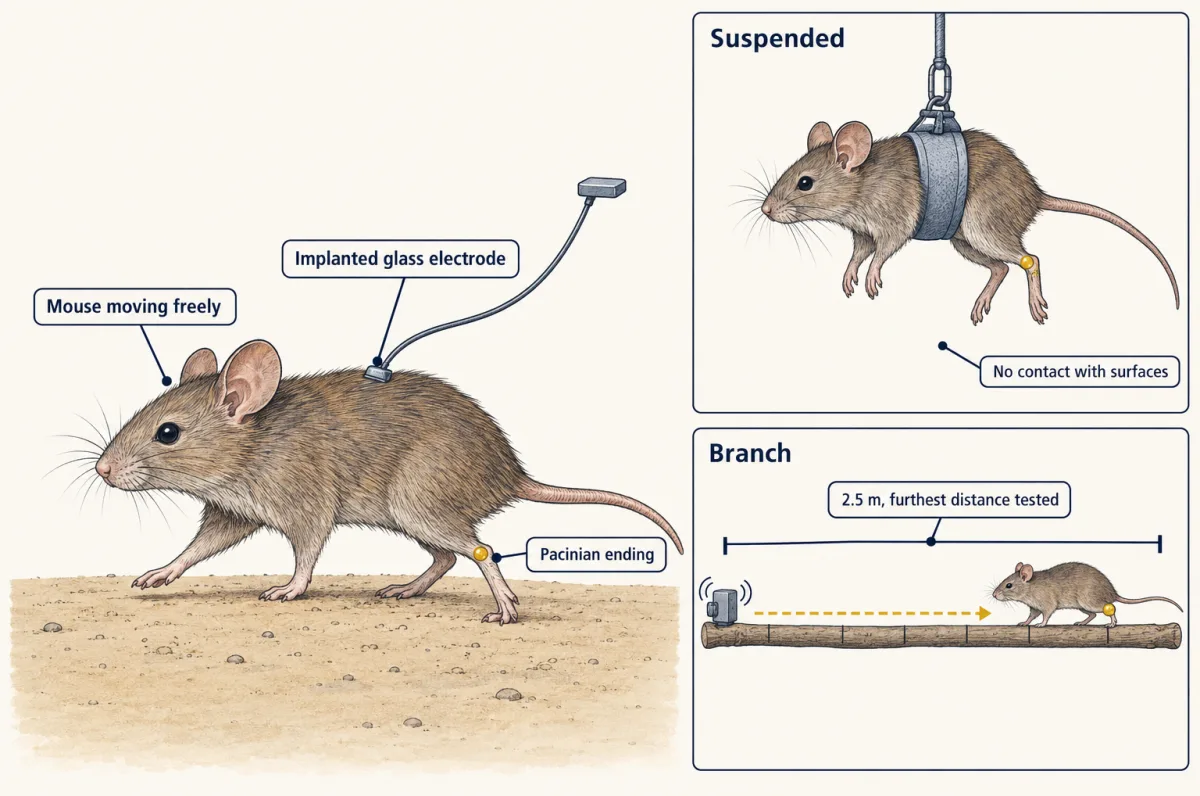 AI-generated illustration: a mouse moving freely with a lead from its back and a gold dot on a hindlimb, plus two insets: the mouse suspended with its feet touching nothing, and a mouse on a long branch with a vibration source 2.5 metres away.