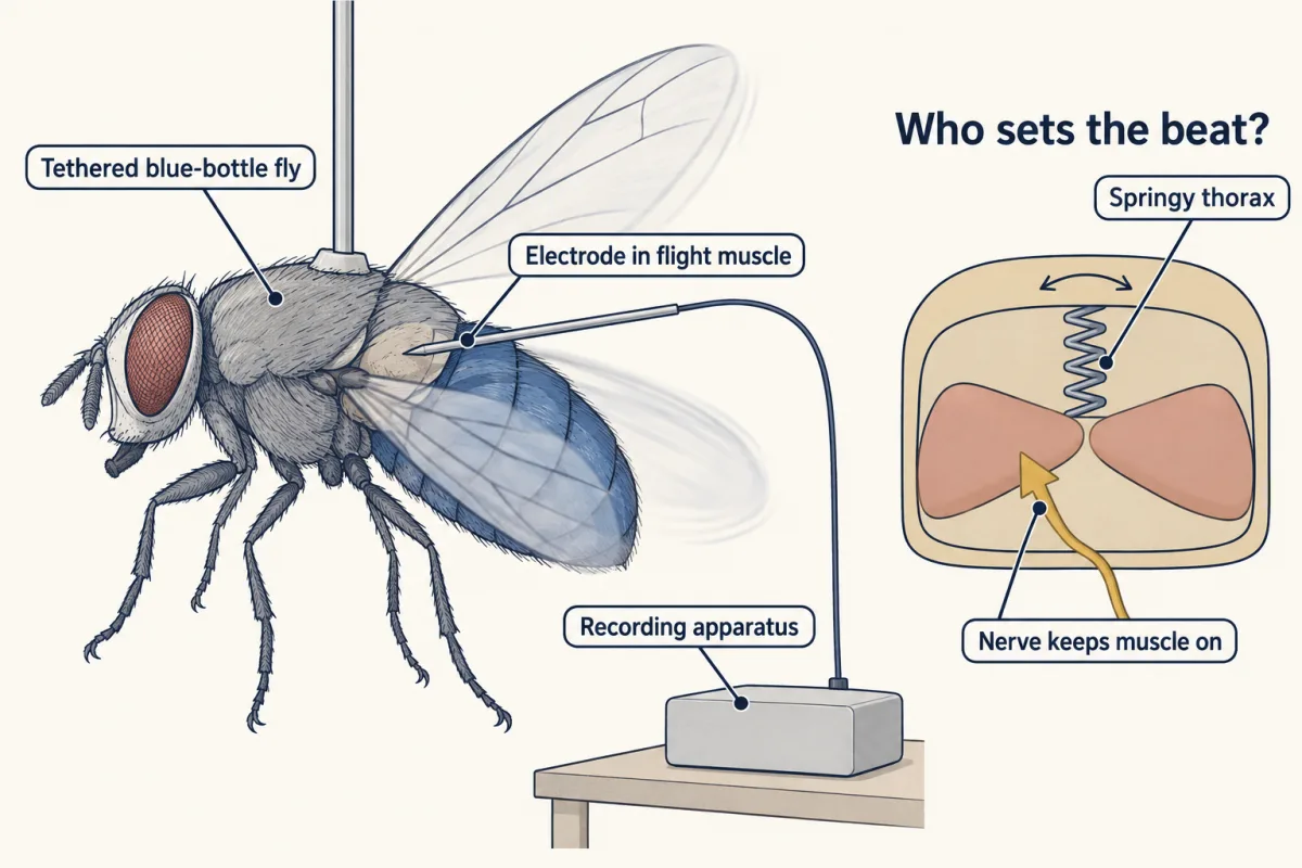 AI-generated illustration: a blue-bottle fly held by a rod on its back, wings blurred in motion, with a fine electrode in its thorax connected by a wire to a plain recording box; an inset shows a springy thorax box pressed by two flight muscles with a nerve keeping them switched on.