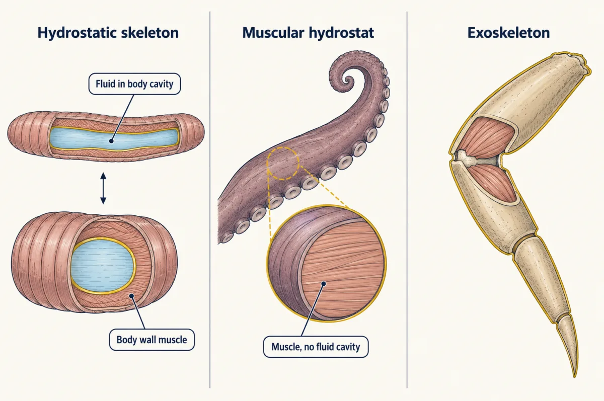 AI-generated illustration: three panels comparing skeletons; a cut-open earthworm segment with fluid in its body cavity, an octopus arm with solid muscle and no cavity, and a crab leg whose hard outer case holds muscle attached inside.