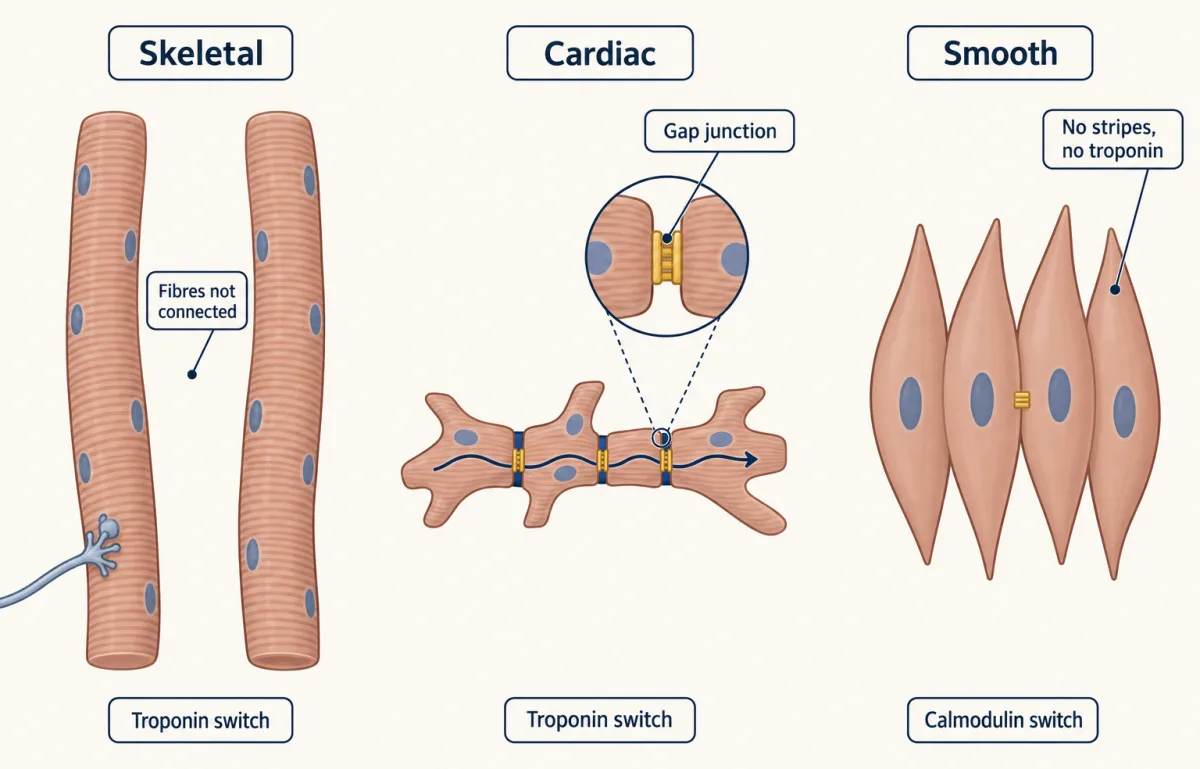 AI-generated illustration: three panels comparing vertebrate muscle; long separate striped skeletal fibres, short branched striped cardiac cells joined end to end by gap junctions, and unstriped spindle-shaped smooth muscle cells with a gap junction between two neighbours.
