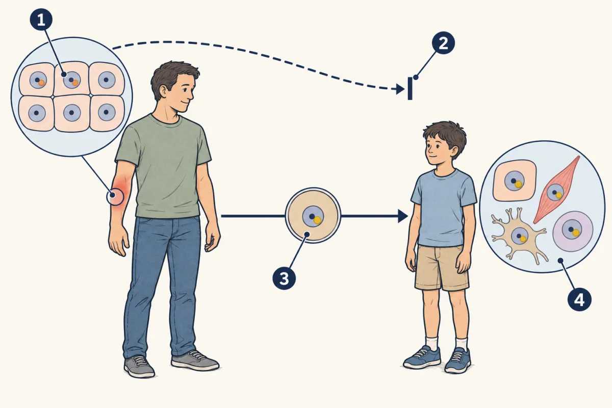 AI-generated illustration: a parent with a sunburned forearm and a child. A zoom of the forearm shows a patch of skin cells, two with a mark in the nucleus; a dashed arrow from that patch is blocked before it reaches the child. A solid arrow carries a sex cell with a different mark to the child, and a zoom beside the child shows that mark in every one of the child's cells. Four numbered pointers mark these parts.
