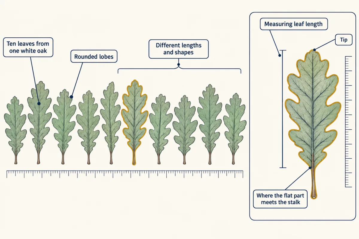 AI-generated illustration: ten white oak leaves from one tree in a row above a ruler, all with rounded lobes but each a slightly different length and shape. An inset shows one leaf measured from where the flat part meets the stalk to the tip.