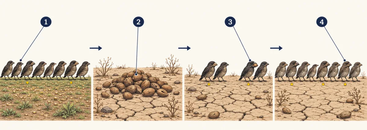 AI-generated illustration: four panels of medium ground finches. First, eight finches with shallow, medium and deep beaks; second, dry ground with large hard seeds; third, four survivors, mostly deep-beaked, one cracking a seed; fourth, eight young finches with more deep beaks. Four numbered circles point to the steps.