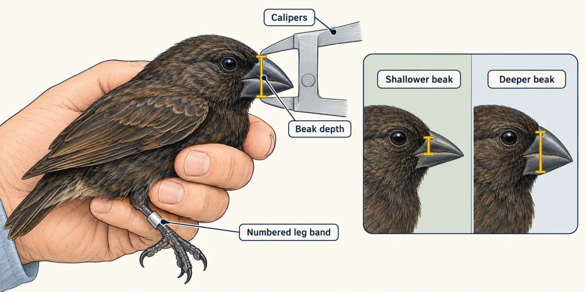 AI-generated illustration: a medium ground finch held in a hand, with calipers measuring the height of its beak at the base and a band on its leg. An inset compares a shallower and a deeper beak.