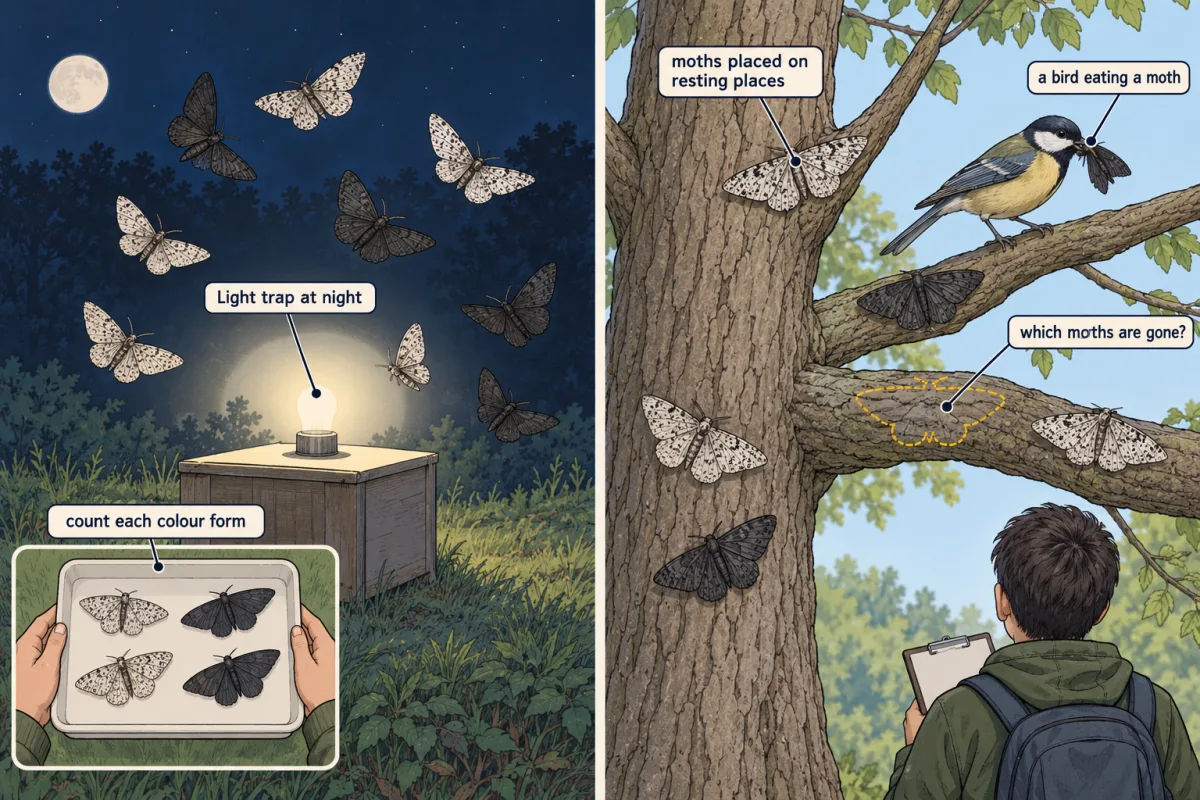 AI-generated illustration: on the left, at night, pale and dark moths fly toward the lamp of a moth trap, with an inset of caught moths sorted by colour. On the right, in morning light, pale and dark moths rest on a tree's branches and trunk, one resting spot is empty, a bird eats a dark moth, and a person with a clipboard checks the tree.