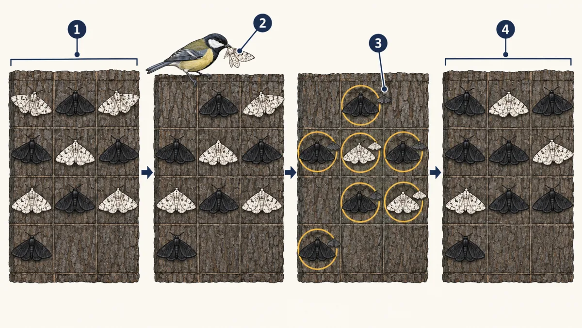 AI-generated illustration: four panels of the same dark sooty bark. In the first, pale and dark peppered moths rest in equal numbers. In the second, a bird takes a pale moth that stands out. In the third, the surviving moths, mostly dark, have small young of their own colour. In the fourth, the next generation has more dark moths than pale. Four numbered pointers mark one step in each panel.