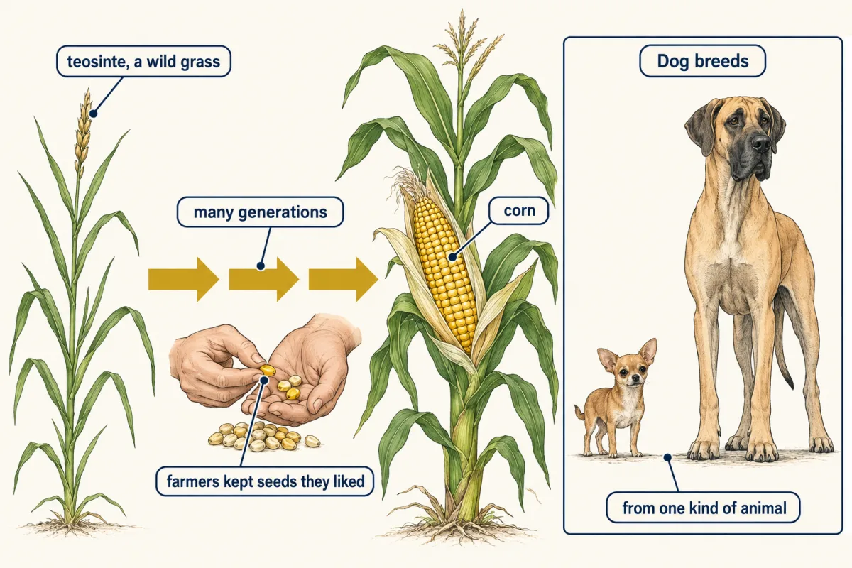 AI-generated illustration: a slim wild teosinte grass with a small seed head on the left and a corn plant with a large ear on the right, joined by three gold arrows with hands choosing kernels beneath them. An inset shows a tiny Chihuahua beside a huge Great Dane.