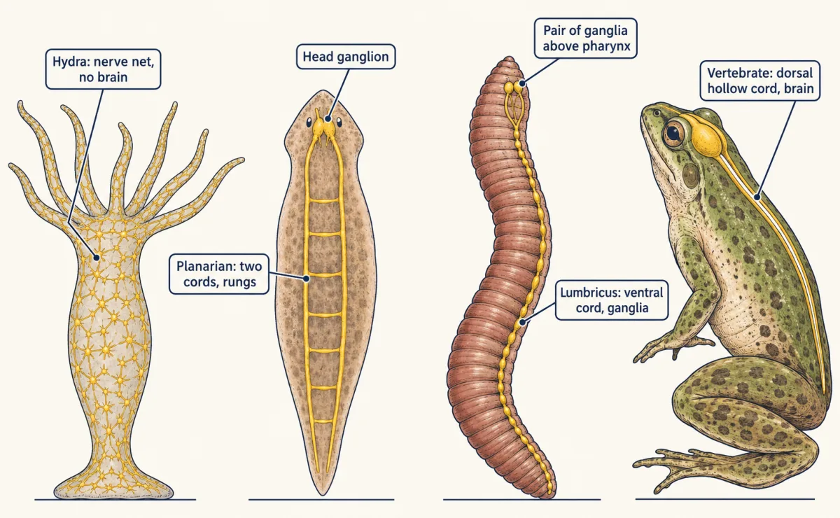 AI-generated illustration: four animals in a row, each with its nervous system in gold. Hydra has a mesh-like nerve net; a planarian has two cords joined by rungs and a head ganglion; an earthworm has a ventral cord with a ganglion in each segment and paired ganglia at the front; a frog has a hollow dorsal spinal cord and a brain.