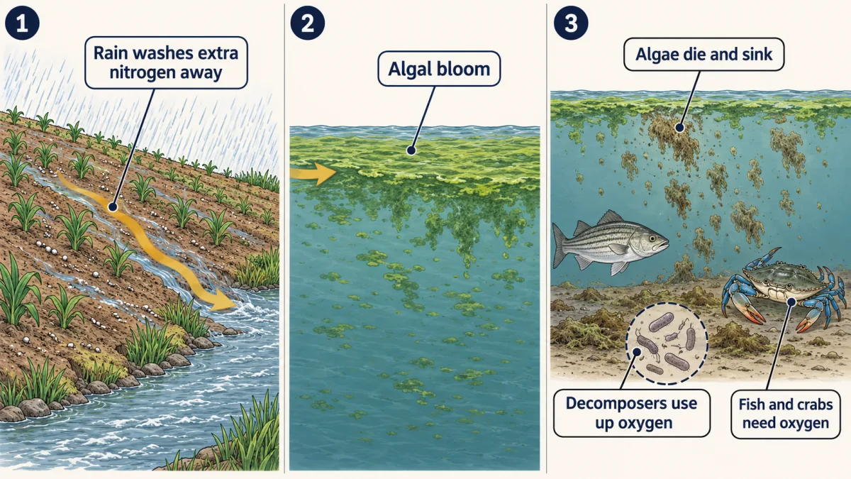 AI-generated illustration: three numbered steps. 1, rain washes extra nitrogen from a fertilized field into a stream. 2, the Bay water near the surface is thick with green algae. 3, dead algae sink to the bottom, where decomposers break them down near a fish and a blue crab.