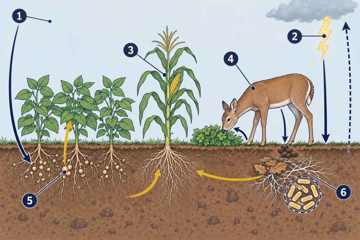 AI-generated illustration: a cutaway of a farm field under a band of air with a lightning bolt. Above ground are soybean plants, a corn plant and a deer eating a leafy plant. Below ground, the soybean roots have small round bumps, the corn roots have none, and dead leaves with fungus threads and bacteria lie under the deer. Arrows carry nitrogen from the air into the soil and plants, to the deer, back to the soil and back to the air. Six numbered circles point to parts of the cycle.