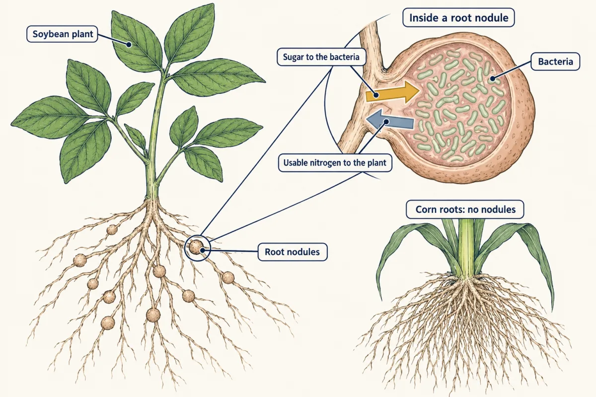 AI-generated illustration: a soybean plant pulled from the soil, with small round bumps on its roots. A close-up of one bump shows it packed with rod-shaped bacteria, with an arrow of sugar going in from the root and an arrow of usable nitrogen going out to the plant. A second close-up shows corn roots with no bumps.