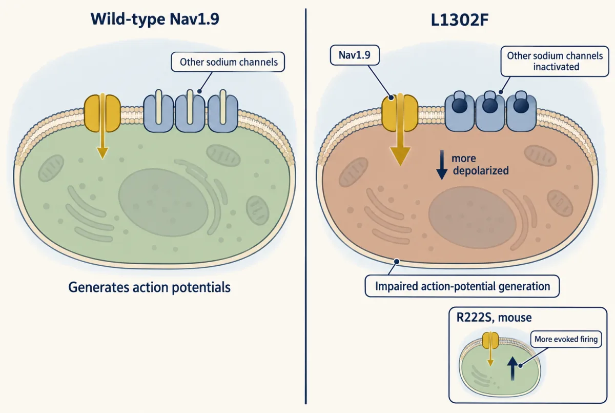 AI-generated illustration: two cell cross-sections side by side. On the left a wild-type Nav1.9 gold block lets in a thin arrow and other sodium channels are ready. On the right, L1302F lets in a thick arrow, the cell is tinted as depolarized and the other sodium channels are capped. A small inset shows R222S with more firing.