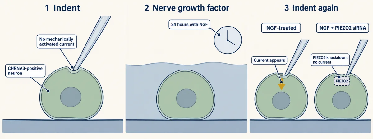 AI-generated illustration: three-step strip of a cultured neuron cell body. In step 1 a probe indents it with no current; in step 2 it sits in nerve growth factor for a day; in step 3 an NGF-treated cell shows a gold current arrow when indented, while a neighbouring cell with a dashed PIEZO2 block shows none.