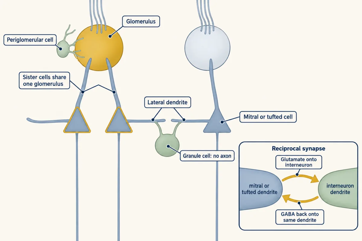 AI-generated illustration: a flat bulb schematic with two glomeruli. Two sister cells send dendrites into the gold glomerulus, a third into the other; a periglomerular cell sits beside the gold glomerulus, and a granule cell with no axon touches overlapping lateral dendrites. An inset shows glutamate going from an output dendrite to an interneuron dendrite and GABA coming back.