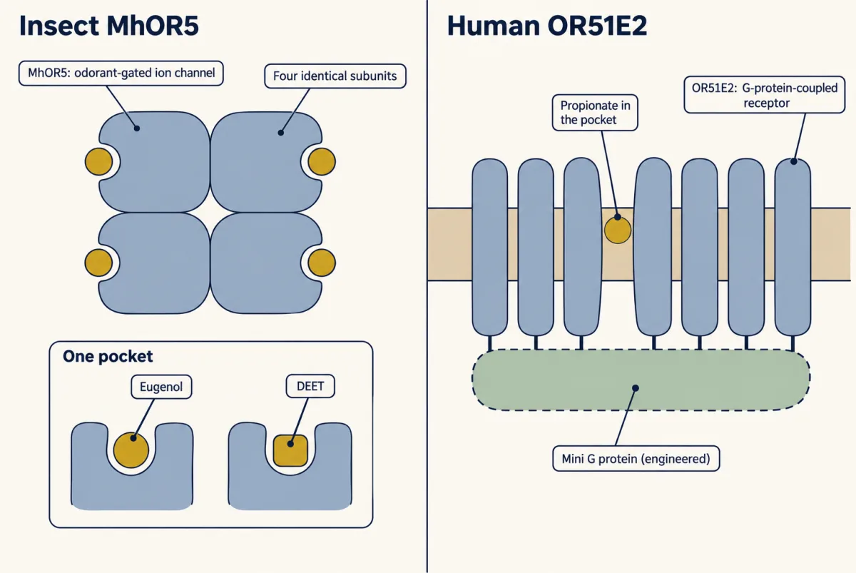 AI-generated illustration: on the left, four identical blocks in a square form an insect receptor channel with one shared pocket that holds either eugenol or DEET; on the right, seven upright rods cross a membrane band, with propionate in a pocket between them and a dashed mini G protein block below.