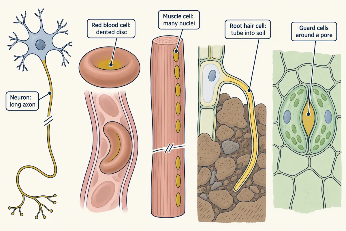 AI-generated illustration: five specialized cells side by side: a neuron with a very long axon, a dented red blood cell bending into a narrow vessel, a long muscle cell with several nuclei, a root hair cell with a tube reaching into soil, and two guard cells around a leaf pore.