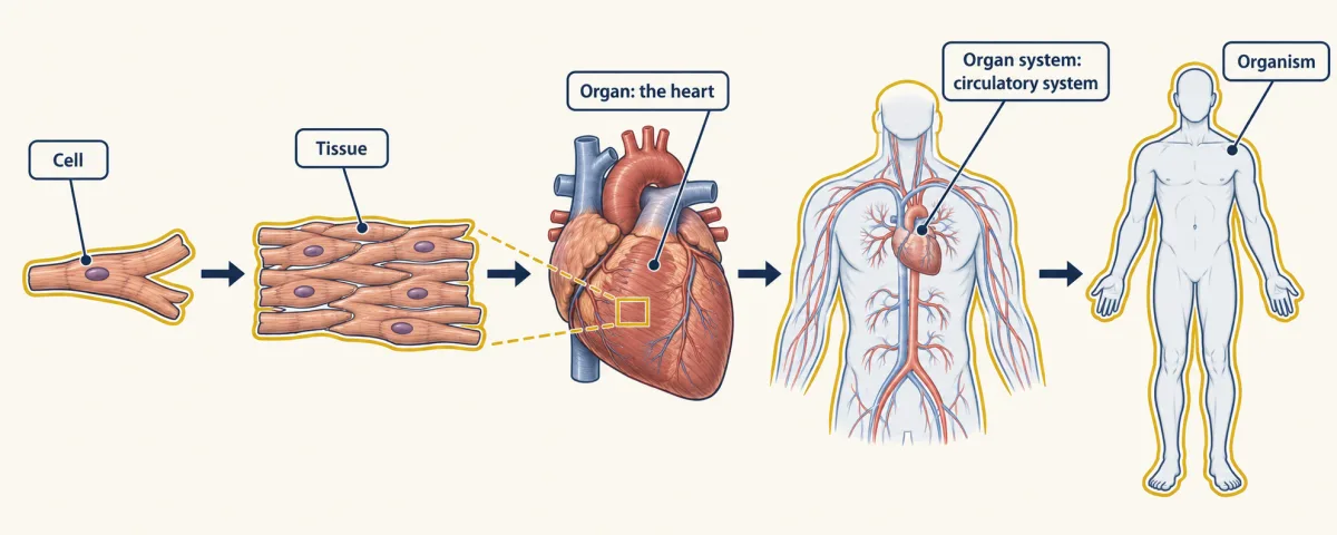 AI-generated illustration: a strip of five frames: one muscle cell, a patch of muscle tissue, a heart, a torso outline showing the heart and blood vessels, and a whole person.