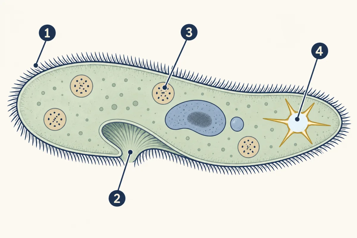 AI-generated illustration: a slipper-shaped Paramecium fringed with short hairs, with a groove on its lower side, several small round sacs holding specks, a large central nucleus with a small one beside it, and a star-shaped sac near its rear end. Four numbered circles mark parts for the student to name.