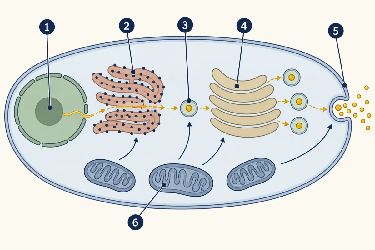 AI-generated illustration: an oval cell with a dashed gold route running left to right from a round nucleus, through stacked folded membranes dotted with small dots, a small vesicle and a stack of curved sacs, to a vesicle opening at the cell's outer edge; bean-shaped mitochondria below send small arrows up to the route. Six numbered circles mark parts for the student to name.