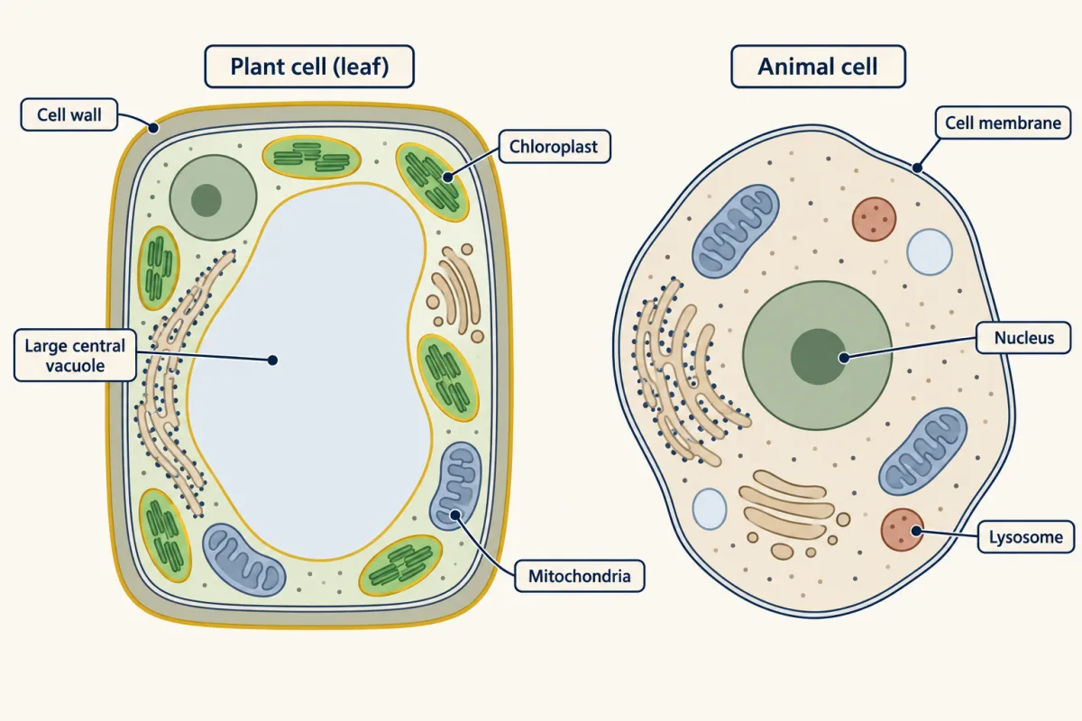 AI-generated illustration: a leaf plant cell and an animal cell side by side. The plant cell has a thick wall, a large central vacuole, green chloroplasts, mitochondria and a nucleus; the animal cell has a thin membrane, a nucleus, mitochondria and small lysosomes.