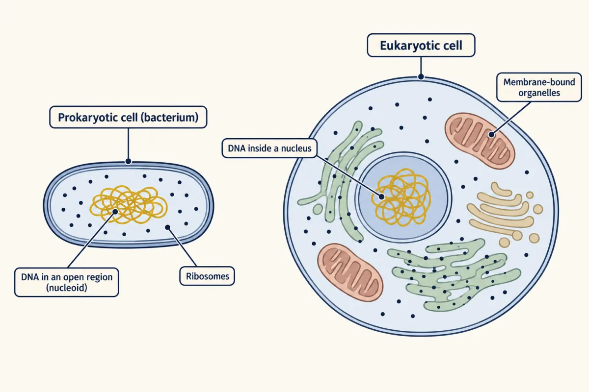 AI-generated illustration: a small rod-shaped bacterium with loose DNA in an open region and scattered ribosomes beside a larger eukaryotic cell whose DNA sits inside a nucleus, with mitochondria and other organelles.