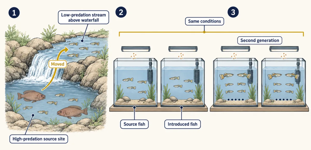 AI-generated illustration: guppies from a stream pool below a waterfall with predators are moved to a stream above the waterfall without predators. In the laboratory, descendants of the source fish and the introduced fish are kept in two identical tanks under the same conditions for a second generation.