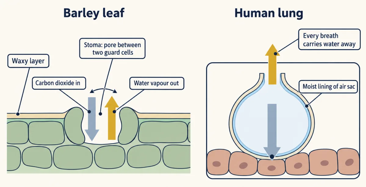 AI-generated illustration: two side-by-side schematics. In a barley leaf, a pore between two guard cells in a waxy surface lets carbon dioxide in and water vapour out. In a human lung, a moist air-sac wall lets gas in and water vapour out with each breath, and the lung sits inside the chest and cannot close.