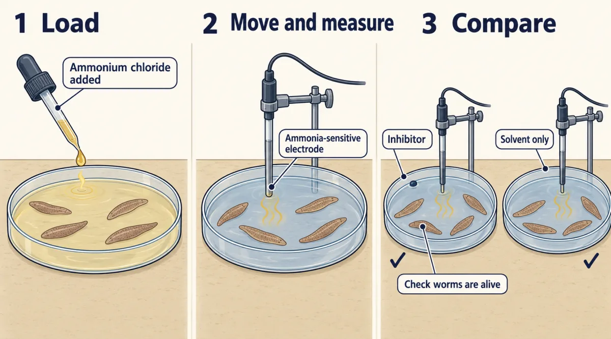 AI-generated illustration: a three-step strip. Small marine worms sit in seawater with ammonium chloride being added; they are then moved to clean seawater with an ammonia electrode in the water; finally two dishes of worms, one with an inhibitor and one with solvent only, each have an electrode.