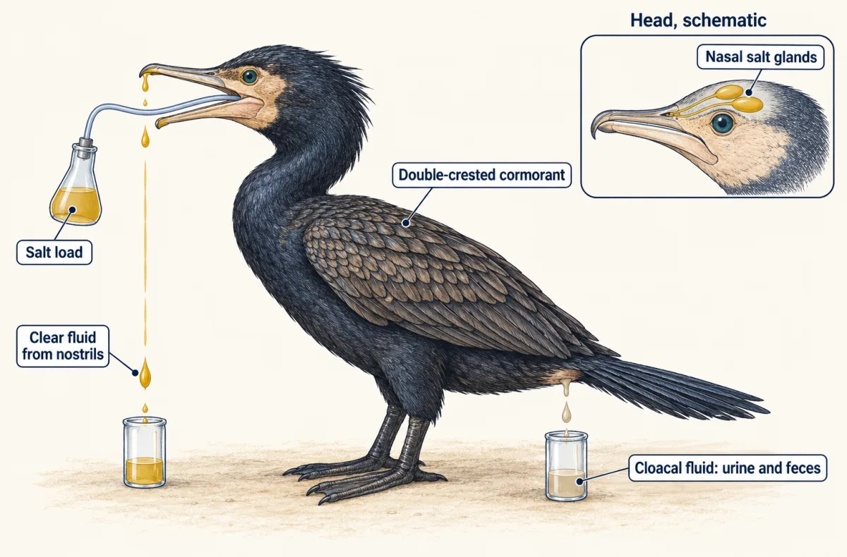 AI-generated illustration: a double-crested cormorant with a tube from a flask of salt solution at its bill. A clear drop from the beak tip falls into one vial and fluid from the vent is caught in a second vial. An inset shows paired gland lobes above the eye with a tube to each nostril.