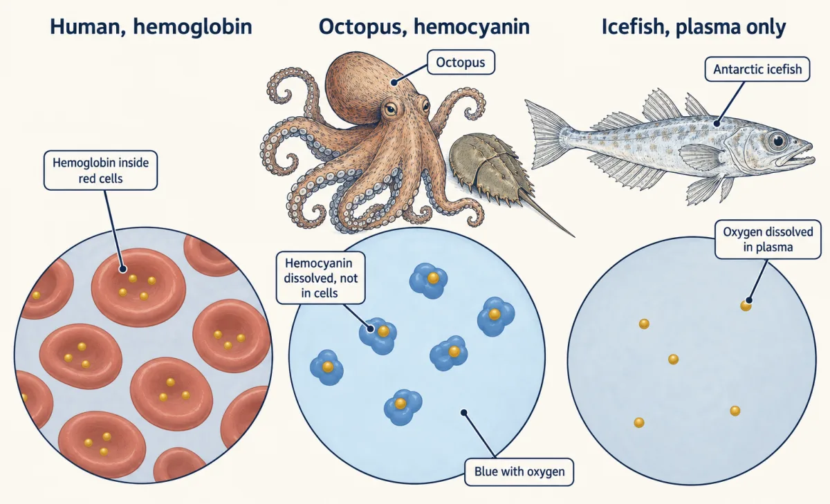 AI-generated illustration: three panels comparing blood, red cells carrying oxygen in a human, free-floating blue hemocyanin proteins in an octopus (with a horseshoe crab beside it), and clear plasma with only dissolved oxygen in an Antarctic icefish.