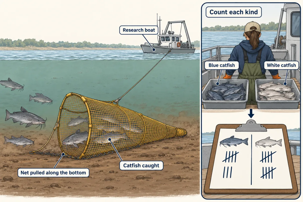 AI-generated illustration: a side view of a river with a small boat on the surface pulling a cone-shaped net along the muddy bottom, with catfish inside the net. A small side view shows the catch sorted on deck into a tub of blue catfish and a tub of white catfish, with tally marks on a clipboard.