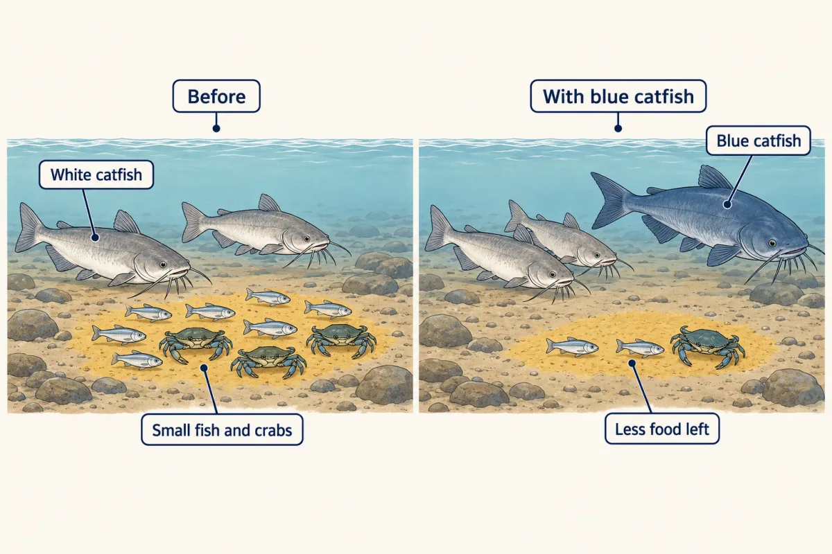 AI-generated illustration: two underwater views of the same river bottom. On the left, two pale white catfish swim near plenty of small fish and crabs. On the right, a much larger blue catfish swims beside the same two white catfish, and only a few small fish and one crab are left. No fish is fighting.