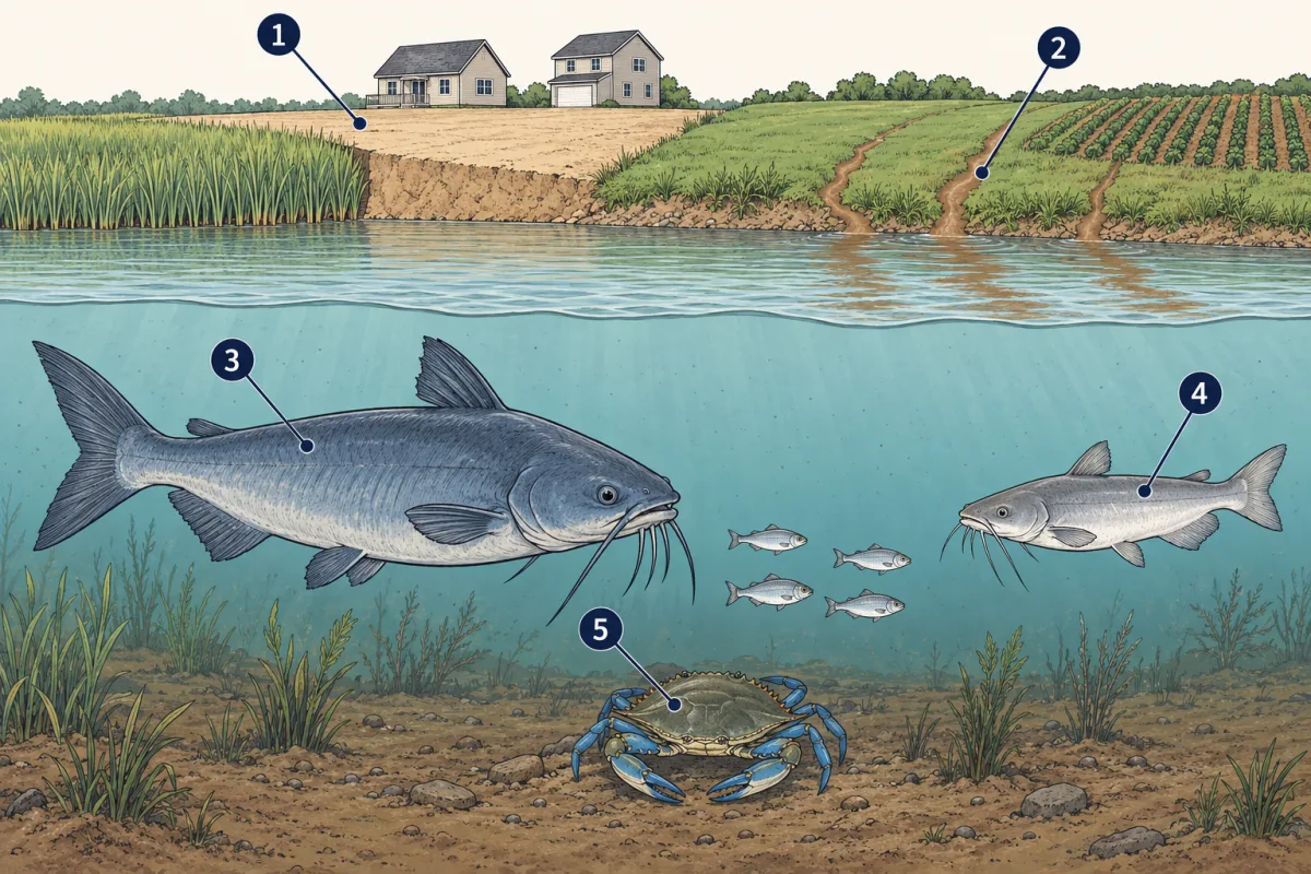 AI-generated illustration: a Virginia riverbank and the water below it. On the bank, marsh grass ends where dirt has been dumped for two new houses, and muddy water runs off a farm field and lawn into the river. Underwater, a large blue-grey catfish and a smaller pale catfish swim on either side of a blue crab and a few small fish on the bottom. Five numbered circles mark parts for the student to name.