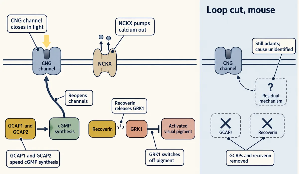 AI-generated illustration: a membrane with a closed CNG channel and an NCKX exchanger. Inside, GCAP1 and GCAP2 drive cGMP synthesis that reopens the channel, and recoverin lets go of GRK1, which switches off activated visual pigment. A small inset shows the same loop with GCAPs and recoverin crossed out and a dashed question-mark box for an unidentified residual mechanism.