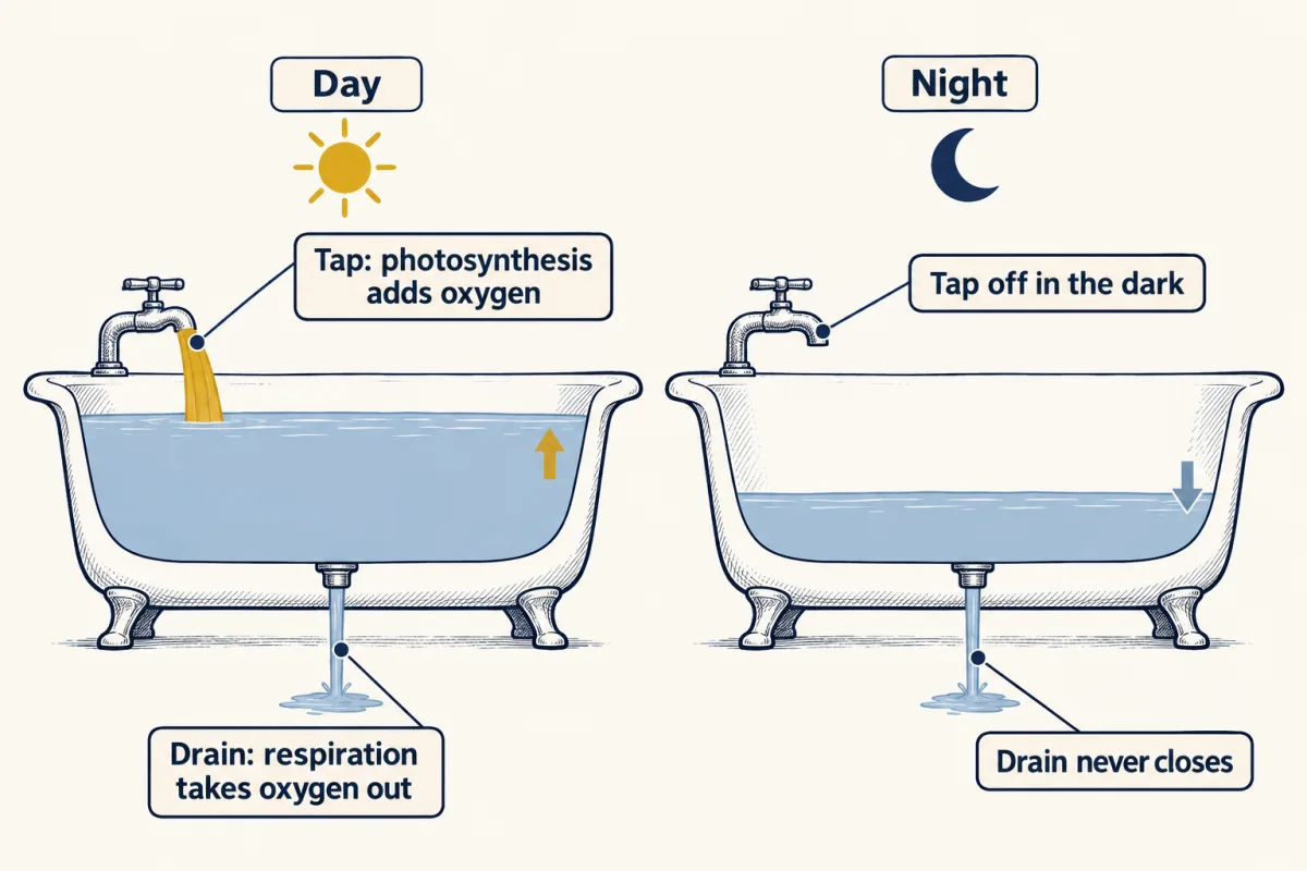 AI-generated illustration: two bathtubs side by side. In the day tub a sun shines, the tap pours in and the drain lets water out, and the water is high. In the night tub the tap is off, the drain is still open, and the water is lower.