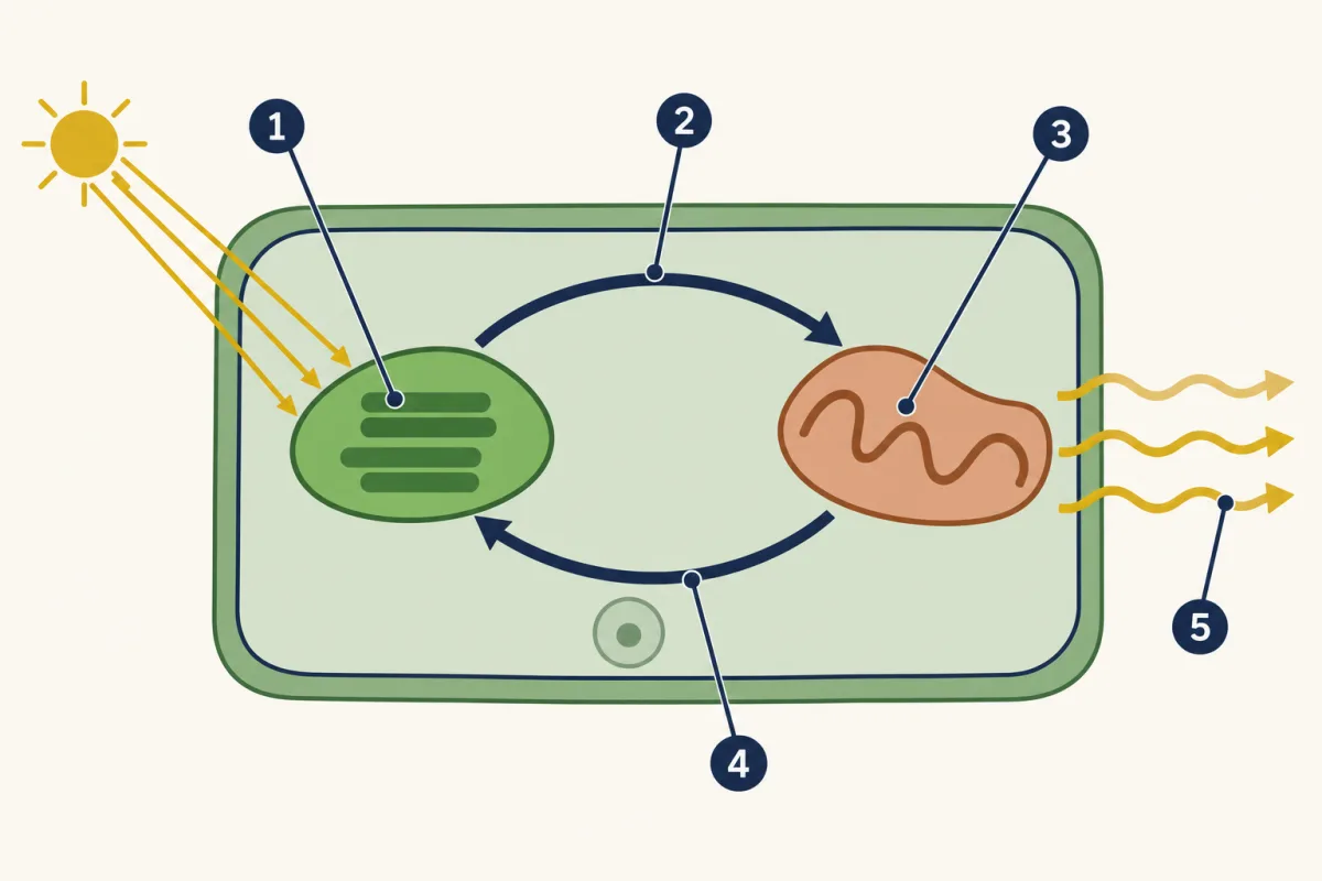 AI-generated illustration: one green leaf cell with a chloroplast on the left and a mitochondrion on the right. Sun rays reach the chloroplast, two curved arrows loop between the two parts, and wavy arrows leave the cell on the right. Five numbered circles mark parts for the student to name.
