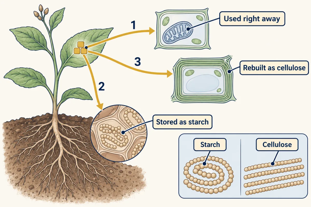 AI-generated illustration: a small plant with arrows from a glucose marker in a leaf to three places: a cell with a mitochondrion, a root packed with stored chains, and a plant cell wall made of fibres.