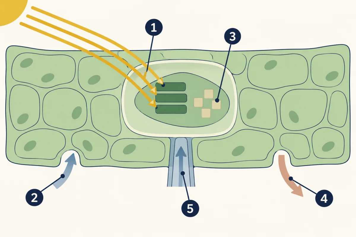 AI-generated illustration: a cut-away leaf cell with one enlarged green chloroplast holding stacked bars and a few sand-coloured blocks; arrows bring light, gases and water in and a gas out through two pores. Five numbered circles mark parts to name.