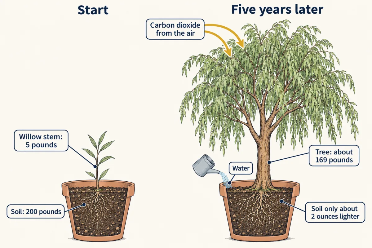 AI-generated illustration: a pot with a small willow stem on the left and the same pot years later with a tall willow tree on the right; arrows from the air and water lead to the tree.