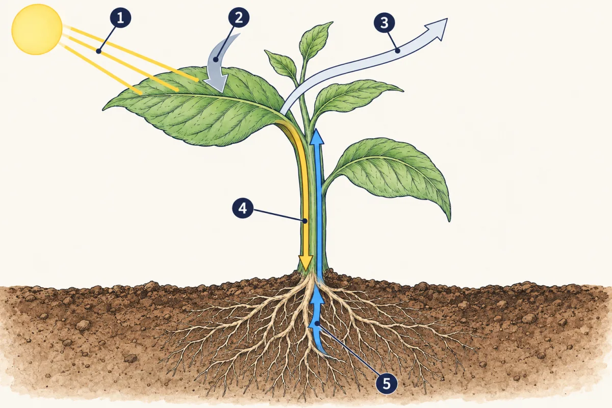 AI-generated illustration: a young leafy plant in sunlight with roots showing in the soil. Light rays from the sun reach a large leaf, one arrow carries air into the leaf and another carries air out, a gold arrow runs down the stem from the leaf, and a blue arrow runs up from the roots. Five numbered circles mark the light and the four arrows.